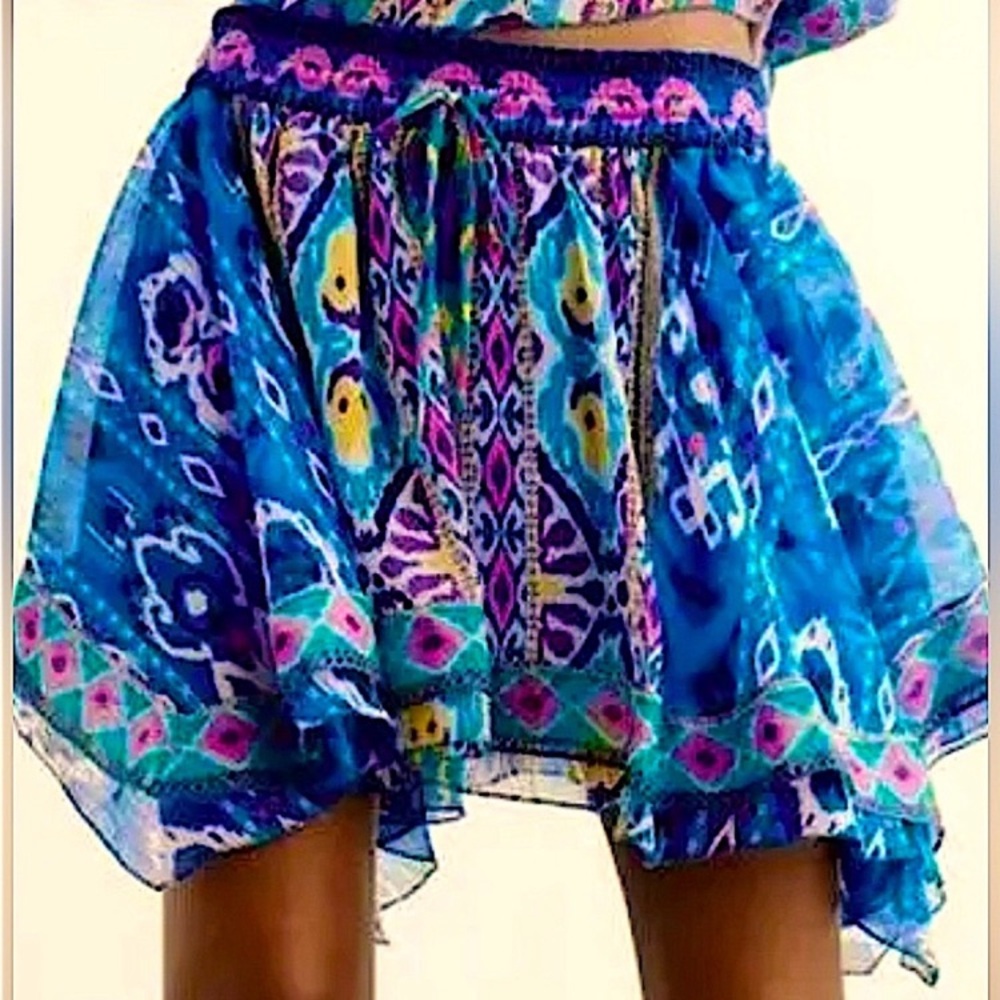 🆕 Zara Blue Aztec Multi Ikat-Print Asymmetrical Mini Skirt Boho Festival Beaded